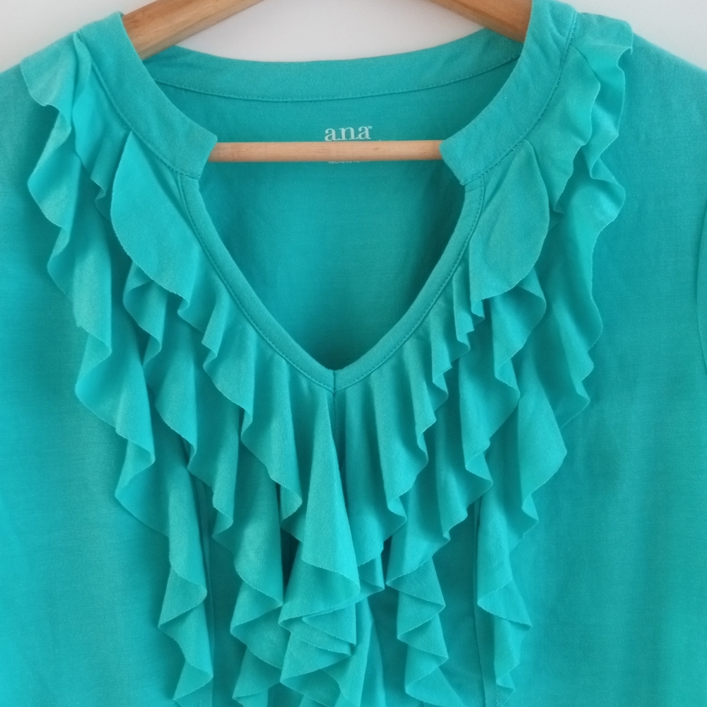 a.n.a A New Approach Teal Ruffle V-Neck Short Sleeve Top Blouse -Women's Size XL - Picture 5 of 5